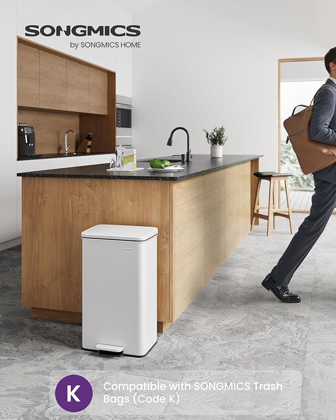 SONGMICS Kitchen Trash Can, 10.5 Gallon (40 L) Garbage Can, Large Step Trash Bin with Lid, Stainless Steel, Soft Close, 15 Trash Bags Included, White ULTB540W40