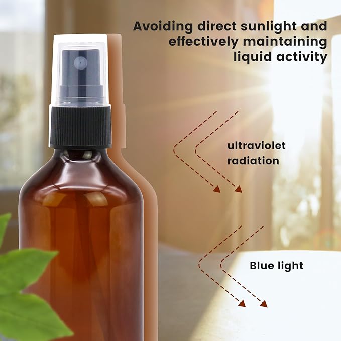 TRENDBOX 24 Pack 3.4oz Amber Spray Bottles, Small Fine Mist Mister Plastic Travel Bottles, Empty Bottles Set for Essential Oils Hair