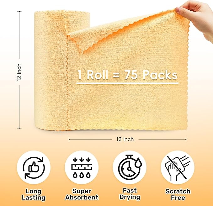 Microfiber Cleaning Cloths Roll, 75 Pack Tear Away Microfiber Towels Roll, 12" x 12" Lint Free Rags, Reusable Cleaning Cloths, Washable, Scratch Free,Ultra Absorbent Dish Rags(Orange)