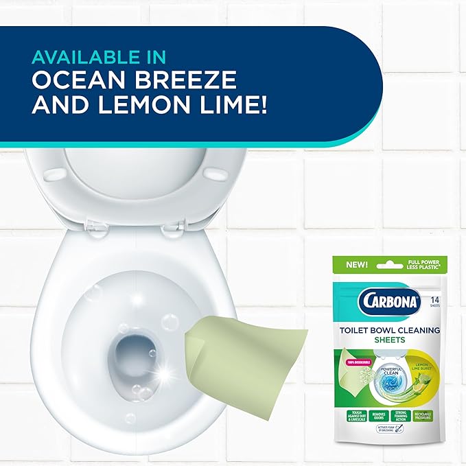 Carbona Toilet Bowl Sheets – Lemon Lime Scent – Powerful Foaming Toilet Bowl Cleaner – 14 Sheets – Less Plastic Waste