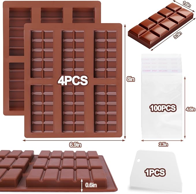 Mity rain 4pcs Chocolate Bar Mold Deep, Silicone Thick Chocolate Bar Mold for Stuffed Bar, Knafeh Pistachio Chocolate Bar Break Apart Candy Bar Molds with 100pcs Storage Bags + 1pc Scraper, Brown