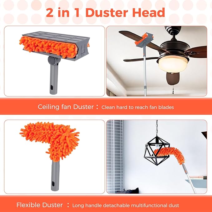 Ceiling Fan Cleaner Duster with 77'' Extension Pole, Reusable Chenille Fan Blade Brush and Duster Head kit, Flexible Ceiling Cleaner for Cobwebs, Wall, Sofa and Furniture（Orange）