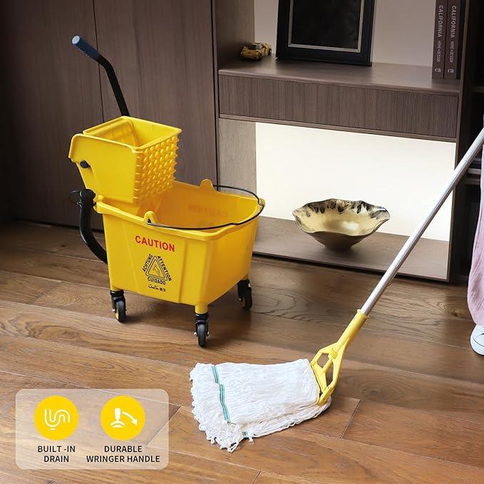 35Qt Commercial Mop Bucket with Side Wringer,Including 1* Commercial Loop-end Mop and 1* Mop Head Replacement
