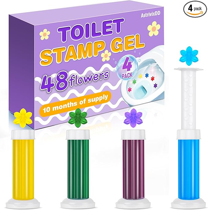 4 Pack Toilet Gel Stamp, 48 Stamps 4 Kinds Of Scent Toilet Bowl Cleaner Gel, Long-Lasting Flowers Shaped Bathroom Freshener, Keeps Toilet Fresh Fragrant and Clean