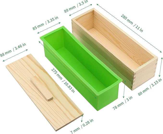 ZOENHOU 4 PCS 42oz Green Soap Molds with 4 Wooden Lids, Flexible Rectangular Silicone Soap Making Molds Kit with Wood Box DIY Tool Set for Soap Making Supplies
