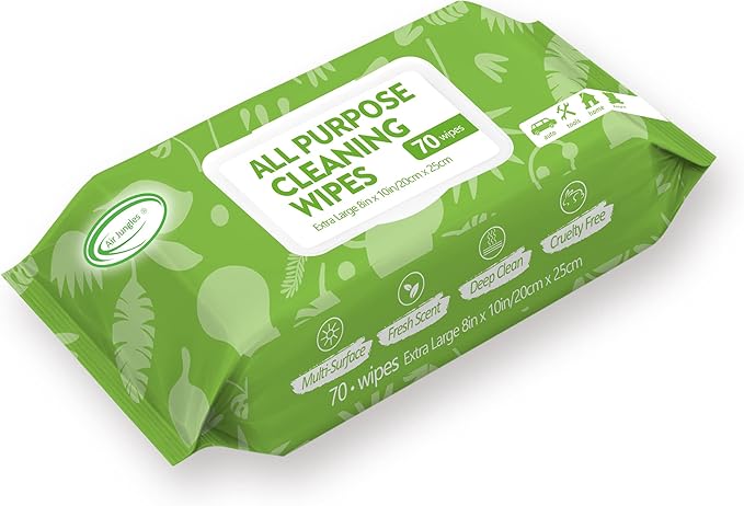 Air Jungles All Purpose Car and Home Cleaning Wipes 70 Count, Extra Large 8" x 10" for Car Interior, Household Appliance, Furniture, Gym Equipment, Table Chair, for Cafeteria School Office