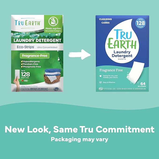 Tru Earth Compact Dry Laundry Detergent - Up to 128 Loads (64 Sheets) - Paraben-Free - Original Eco-Strip Liquidless Detergent, Travel | Packaging May Vary