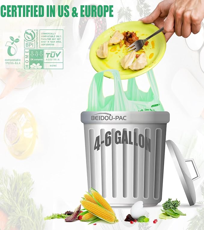 4-6 Gallon Compostable Trash Bags, 75 Count, Kitchen Compost Bags With Handle, Sturdy Biodegradable Garbage for Food Scrap Waste, ASTM D6400, US BPI Certified
