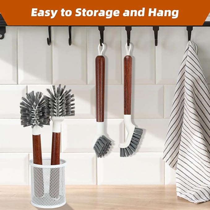 4-Pack Heavy Duty Scrub Brushes with 11" Sapele Wood Handle – PBT Bristles & TPR Loop – Kitchen, Bathroom, Grout, Dish & Tile Cleaner – Durable Non-Slip Multi-Surface Cleaning Brush Set