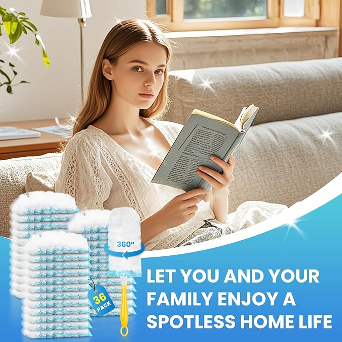 36 Pack Duster Refill for Swiffer Duster, 360°Heavy Duty Duster Refills Kit, Strong Electrostatic Adsorption Technology, Suitable for Furniture, Curtains, Offices and Other Scenes with 1 Short Handle