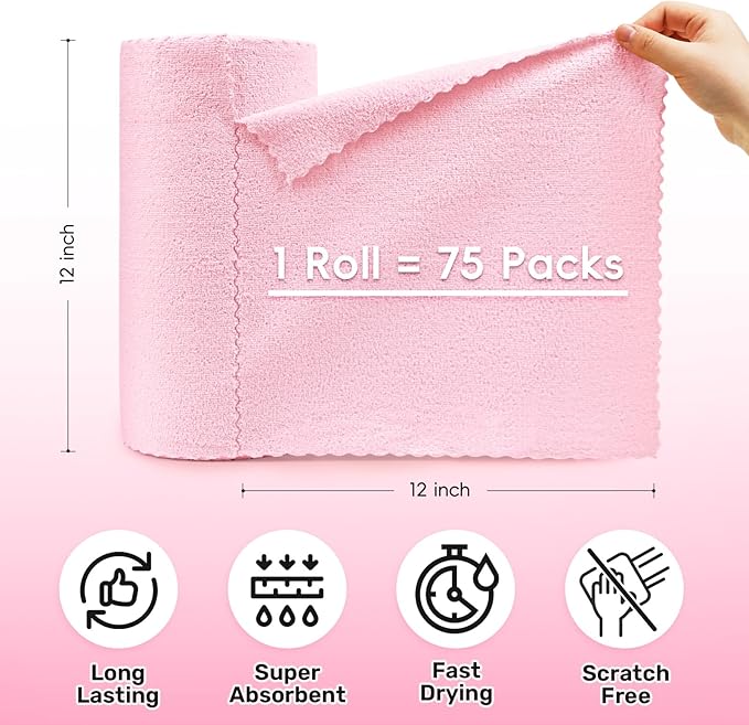 Microfiber Cleaning Cloths Roll, 75 Pack Tear Away Microfiber Towels Roll, 12" x 12" Lint Free Rags, Reusable Cleaning Cloths, Washable, Scratch Free,Ultra Absorbent Dish Rags(Pink)