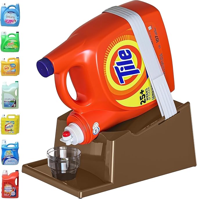 TidyFriend Laundry Detergent Holder Stand with Drip Tray, Laundry Soap Holder with Non-Slip Rubber Feet for Washing Space Organization, Angled Downward Slope for Easy Pouring (Brown)