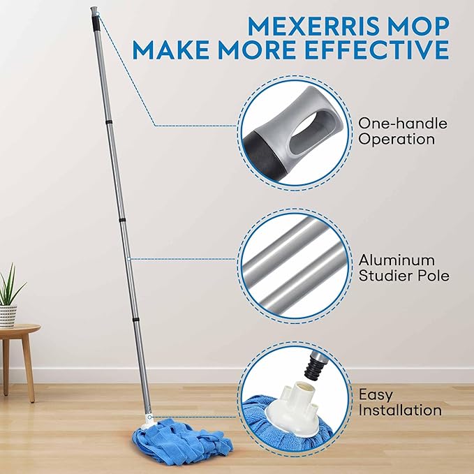 Matthew Microfiber Cloth Mop Compatible with Ceda Microfiber Cloth Mop Refill Commercial Mop Replacement 54" Stainless Steel Handle with 2 Wet Mop Heads w/1 Handle Incl.2Pcs Microfiber Cloth-Blue