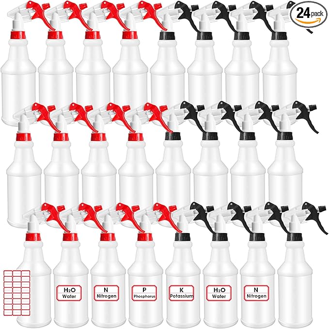 Gerrii 24 Pcs 24oz Plastic Spray Bottle Bulk, Empty Refillable Squirt Bottles for Cleaning Solution, Leak Proof Water Spray Bottle with Adjustable Nozzle and Sticker Commercial Supplies (Red & Black)