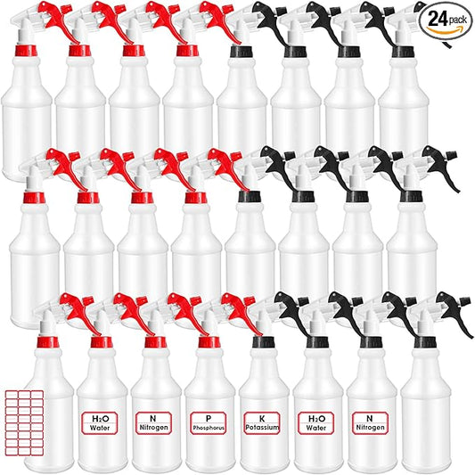 Gerrii 24 Pcs 24oz Plastic Spray Bottle Bulk, Empty Refillable Squirt Bottles for Cleaning Solution, Leak Proof Water Spray Bottle with Adjustable Nozzle and Sticker Commercial Supplies (Red & Black)