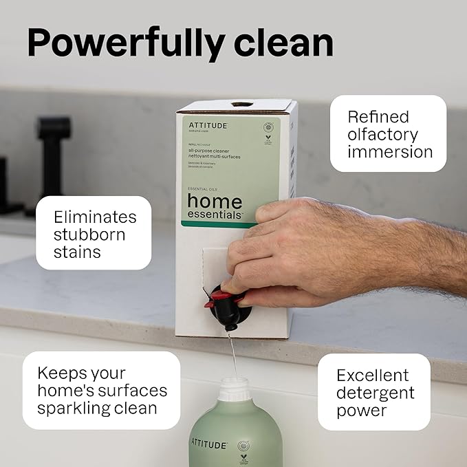 ATTITUDE All-Purpose Cleaner Spray, Natural Origin Ingredients, EWG Verified, Ammonia-Free, Removes Fingerprints, Dust and Dirt, Streak-Less, Lavender & Rosemary, 26 Fl Oz