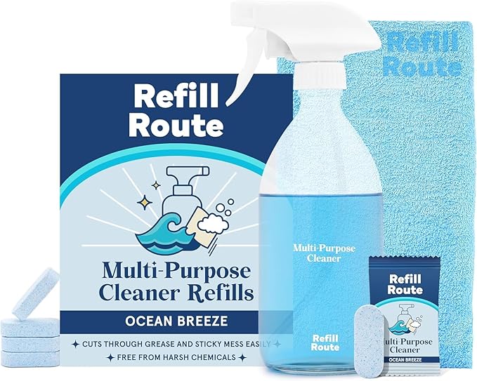 All Purpose Cleaning Tablet Kit with Reusable Glass Spray Bottle - Multipurpose Cleaner Spray Refills - 192 fl oz Total (12x 16 fl oz bottles of spray cleaner) - Plant-Based Cleaner - Ocean Breeze