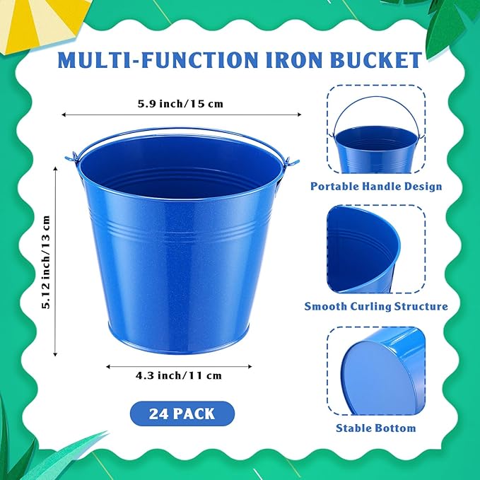 Rtteri 24 Pcs Small Metal Buckets with Handle Mini Buckets Bulk for Easter Party Favors Classroom Pencil Holder Flower Pot Plant Basket for Crafts DIY Projects, 6 x 5 Inch(Dark Blue)