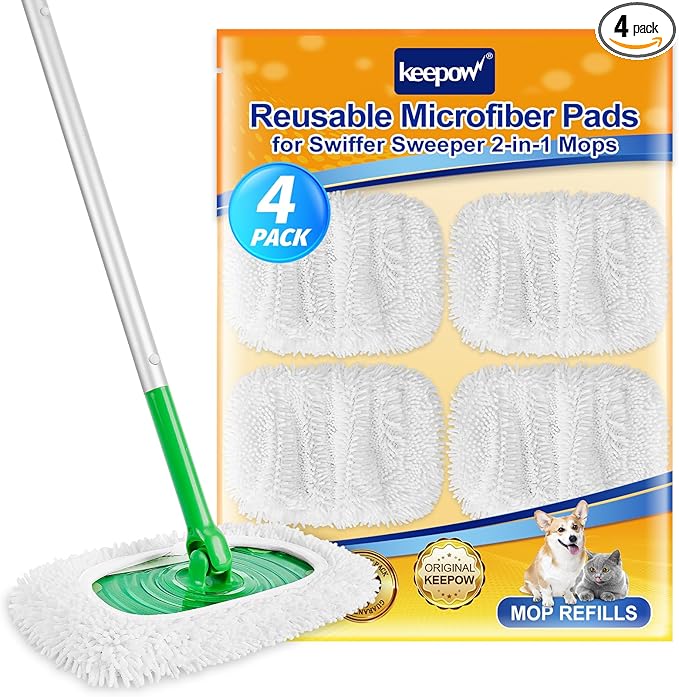 KEEPOW Reusable Microfiber Mop Pads Compatible with Swiffer Sweeper, Dry Sweeping Cloths, Washable Wet Mopping Cloth Refills for Hardwood Floor Cleaning, 4 Pack