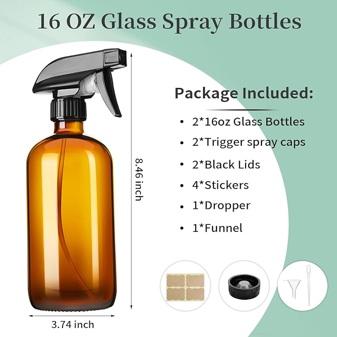 16oz Amber Glass Spray Bottles,2 Pack Glass Spray Bottles Refillable Empty Bottle with Adjustable Nozzle,Spray Bottle for Essential Oils,Cleaning,Pets,Hair Mister
