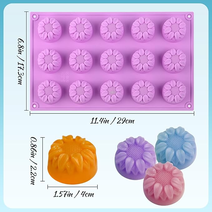 2PCS Flower Silicone Soap Molds, 15 Cavities Small Daisy Flower Soap Mold for Homemade Craft Soap Mold, Jelly, Cake, Mousse, Ice Cream Tray Baking Mold (Blue+Purple)