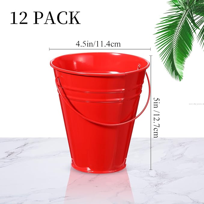 Sadnyy 12 Pack Metal Buckets with Handle, Galvanized Bucket 4.5 x 5 Inch Basket Bucket Party Supplies, Crafts for Christmas Halloween Candy Bars Vase Crafts(Red)