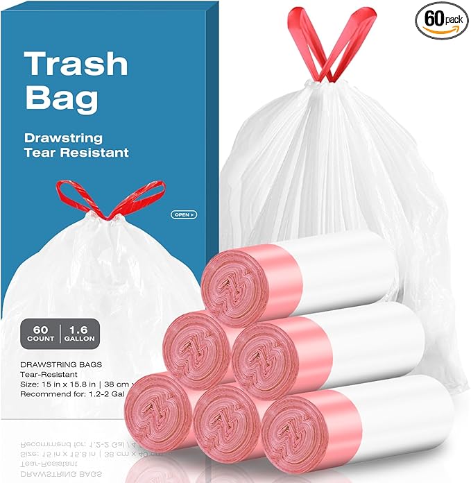 KUK 1.6 Gallon Drawstring Trash Bags - 60 Count White Small Garbage Bags, Unscented Strong Plastic Waste Basket Liners for Home/Office/Car, Fits 4.5-8 Liter Bins, 6 Rolls with Tear-Free Design