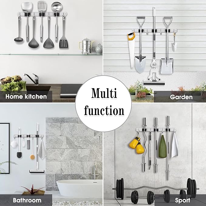 3 Racks and 4 Hooks Broom and Mop Holder Wall Mounted Garage Organizer Storage Tool Racks Stainless Steel Heavy Duty Hooks Self Adhesive Solid Non-slip Wall Hangers for Home Kitchen Garden Laundry