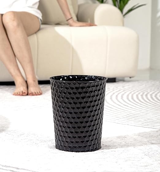 Small Metal Trash Can Wastebasket, Decorative Honeycomb Garbage Can Waste Basket, Modern Farmhouse Round Trash Bin for Bathroom, Bedroom, Kitchen and Office (Black)