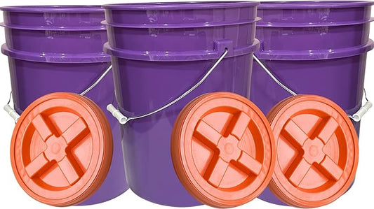 House Naturals 5 Gallon Purple Food Grade Plastic Bucket with Screw on Gamma lid, BPA Free, Made in USA (Pack of 3) (Purple Bucket with Orange Gamma)