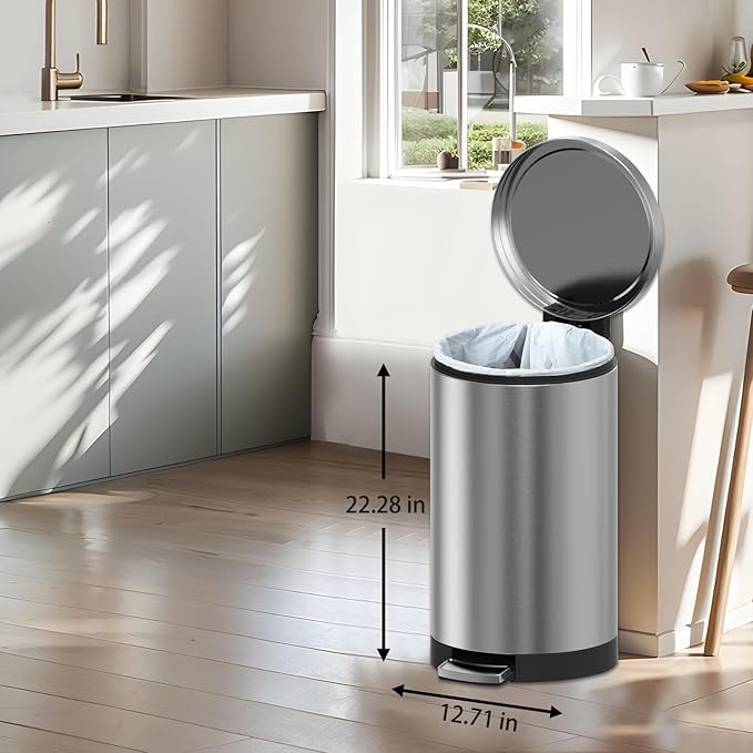 Trash Can with Lid - 30 Liter/8 Gallon Round Stainless Steel Trash Can with Odor Protection Kitchen Garbage Cans with Soft-Close Foot Pedal Step Bin for Bathroom Home Kitchen Office