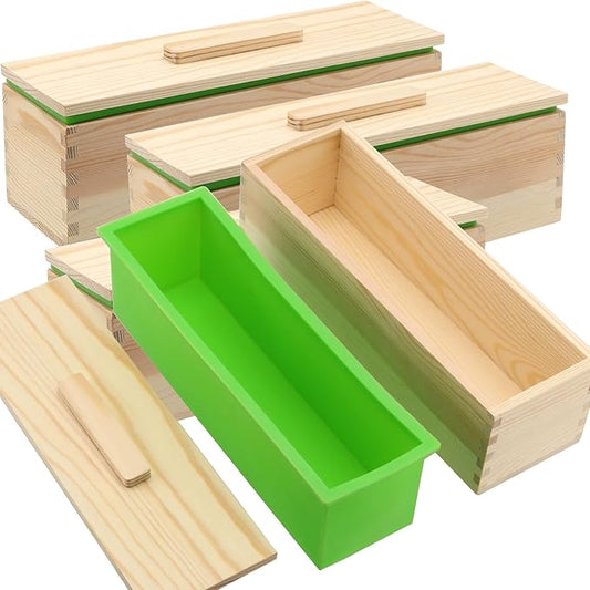ZOENHOU 4 PCS 42oz Green Soap Molds with 4 Wooden Lids, Flexible Rectangular Silicone Soap Making Molds Kit with Wood Box DIY Tool Set for Soap Making Supplies