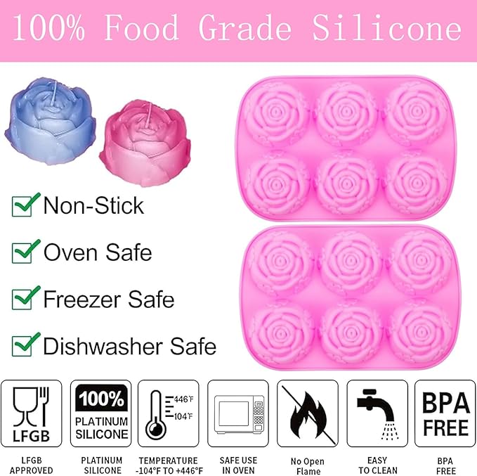 Rose Flower Soap Mold, 2 Pack Rose Ice Cube Mold, Rose Silicone Molds for Soap,Making Bath Bomb (Rose Flower)