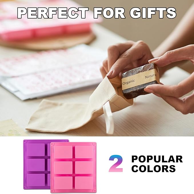 4 Pack Silicone Soap Molds, 6 Cavities Rectangle Silicone Soap Mold, Great for Homemade Craft Soap Bar Mold, DIY Chocolate Molds, Cake Molds & Ice Cube Trays - Just Pop Out (Purple & Pink)