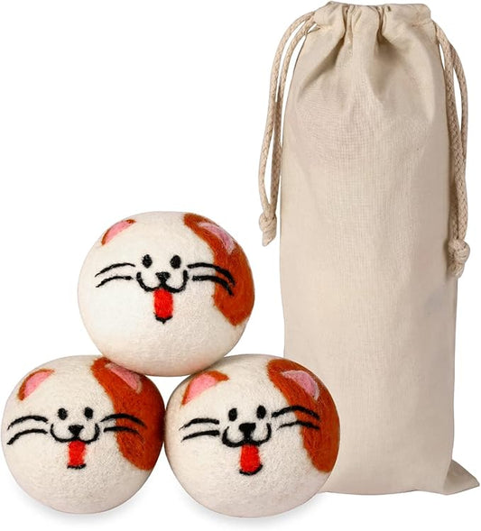 Wool Dryer Balls XL, Cute Cat Face Shape Handmade Dryer Balls Laundry Reusable, Fabric Softener Ball, Shorten Drying Time, Organic Wool - Dry 1000+ Loads(3 Pack Cat Shape)