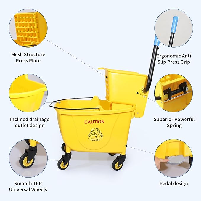 35QT Side-Press Mop Bucket and Wringer Combo on Wheels, Yellow,Including One Heavy Duty Industrial Mop and One Set Large Rubber Cleaning Gloves