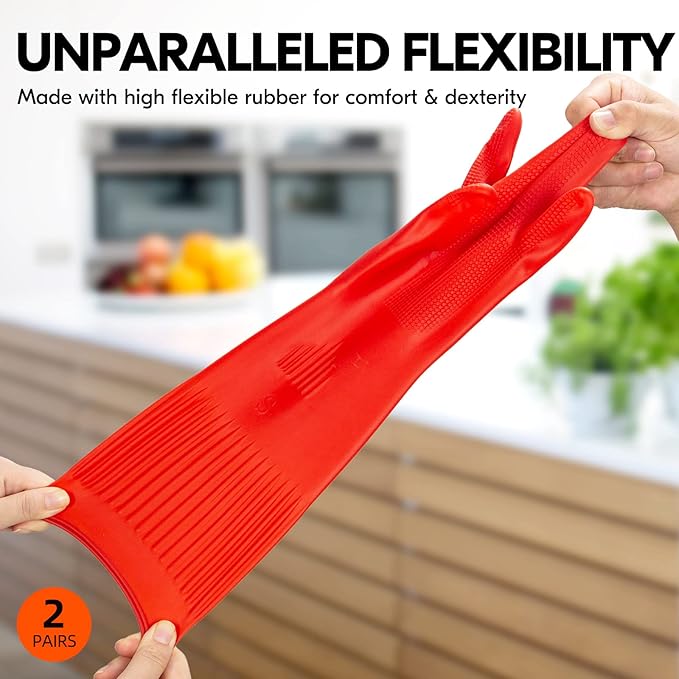 Vgo 2-Pairs Dishwashing Gloves, Reusable Household Gloves, Long Sleeve, Thick Latex, Cleaning, Washing, Working, Painting, Gardening, Pet Care (Size S, Red, RB2143)
