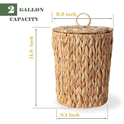 2 Gallon Wicker Trash Can with Lid - Bathroom Garbage Can with Removable Liner Bucket - Boho Hand Woven Water Hyacinth Wicker Waste Basket for Bedroom, Living Room, Home, Office