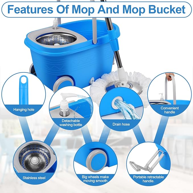 Spin Mop and Bucket with Wringer Set on Wheels, 360° Spinning Mop Bucket System with 3 Microfiber Mop Replacement Heads and 61" Stainless Steel Adjustable Handle for Floor Cleaning (25QT)