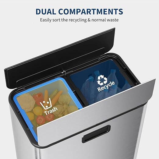 14.8 Gallon / 56L Kitchen Trash Can with Wing Lid, 2 x 7.4Gal Dual Compartments Slim Stainless Steel Garbage Can with 2 Removable Inner Buckets, Fingerprint-Proof Step Rubbish Bin With Soft-Close Lid
