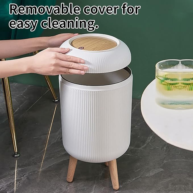 Trash Can With Lid for Bathroom, 2 Gallon/10 Liter Round Garbage Bin With Press Top, Plastic Modern Wastebasket With Soft Close, Container for Bedroom, Living Room, Office (White)