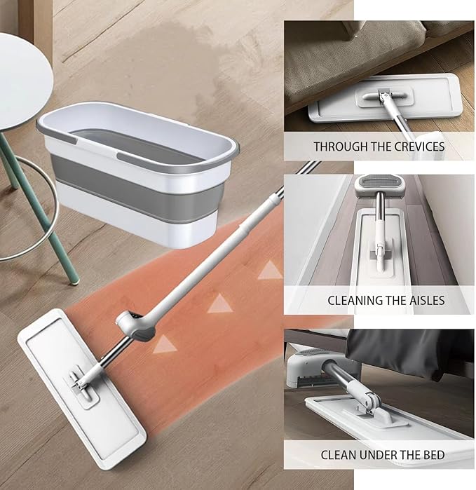 Mop and Bucket Set with Wringer, Flat Mops for Floor Cleaning, Wall Mop Cleaner with Long Handle, Hardwood Floor Mop with 6 Microfiber Pads (1 Mop + 6 Microfiber Pads + 1 Bucket)