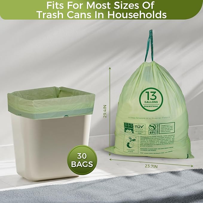 13 Gallon Compostable Trash Bags with Drawstring, Heavy Duty Extra Thick 1 Mil, 49.21 Liter, 30 Bags, Tall Kitchen Food Scrap Waste Bag, ASTM D6400, US BPI and OK Compost Home Certified
