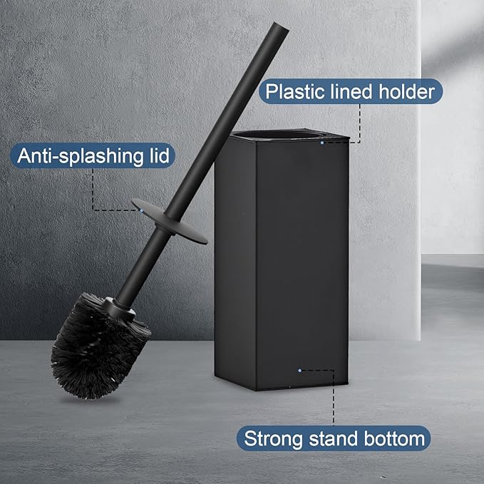 Toilet Brush and Holder Set, NEWRAIN Stainless Steel Toilet Brush with Long Brush Handle, Matte Black Toilet Scrubber and Covered Holder, Square Design Sturdy and Space Saving