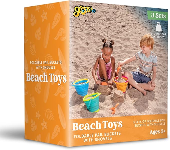 JOYIN 3 Packs Foldable Pail Bucket with Shovels & Mesh Bag, Collapsible Buckets Multi Purpose for Beach, Camping Gear, Beach Party, Fishing, and Fun Summer Activities (Yellow/Blue/Green)