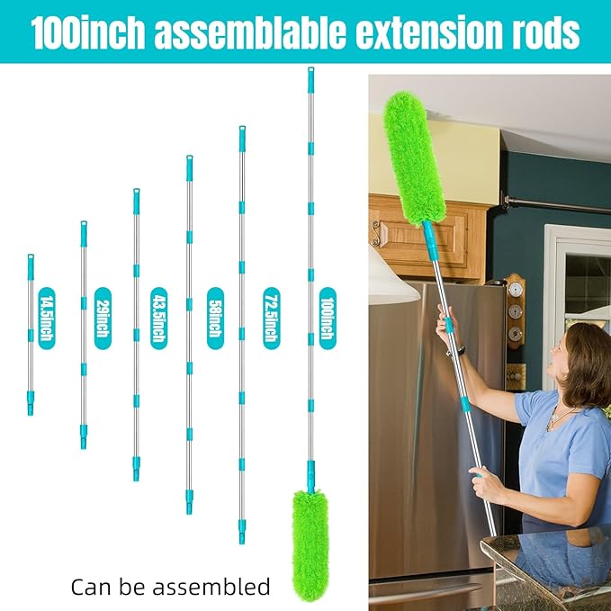 Microfiber Feather Duster 5-in-1 Kit, Dusters for Cleaning, Duster with Extension Pole 100 Inches, Cobweb Duster, Microfiber Dusters for Fans, High Ceilings, Blinds, Cars and Furniture