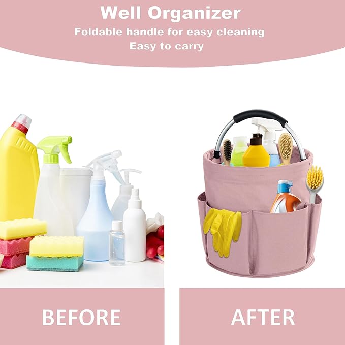 17L Cleaning Caddy with Handle, Cleaning Supplies Organizer, Foldable Storage Basket, Cleaning Supply Caddy, Portable Multi Cleaning Bucket Bag for Home, Garden (Pink)
