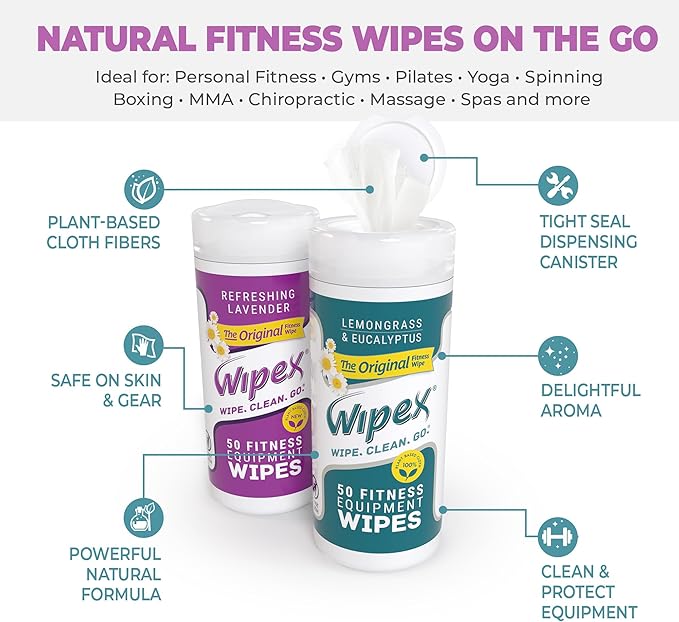 Wipex Original Fitness Equipment Wipes - Natural Plant Based Gym Wipes, Clean Surfaces at Home or Gym, Use as a Yoga Mat Cleaner, Peloton Cleaners - Lemongrass & Vinegar, 50 Count (Pack of 3)