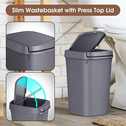 CEROELDA 3 Pack Bathroom Trash Can with Lid, 10L/2.6 Gal Small Garbage Can with Press Top Lid, Slim Plastic Waste Basket for Toilet, Office, Bedroom (Grey, 3 Pack)