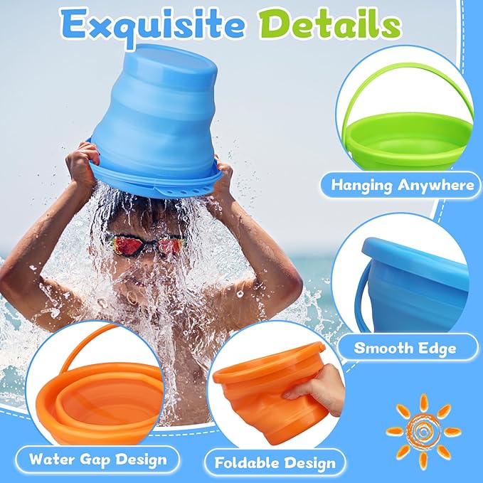 Foldable Beach Sand Toy Bucket for Kids Adults, Jumbo Collapsible Sandbox Bucket, Foldable Pail with Mesh Bag, Multi Use for Garden Beach, Camping, Easter Basket Gift, Fishing, Travelling 3PCS
